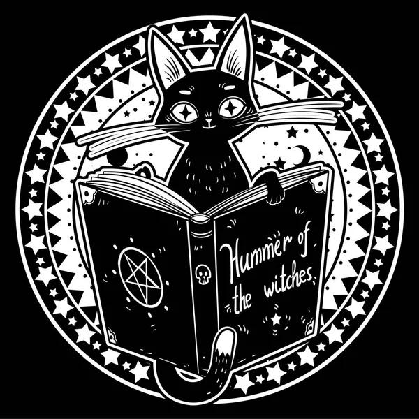 Μαύρη Γάτα Μάγισσες Διαβάζοντας Βιβλίο Του Σκοτεινή Μαγεία Σφυρί Των — Διανυσματικό Αρχείο