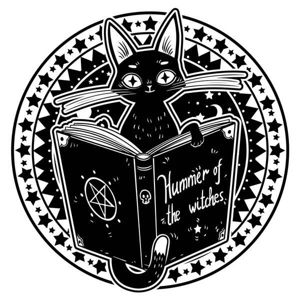 Gato Brujas Negras Leyendo Libro Magia Oscura Martillo Las Brujas — Vector de stock