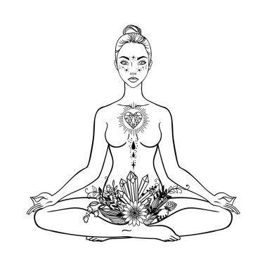 Güzel bir kadın silueti lotus çiçek ve etnik sanat pozuyla oturuyor. Kız gücü. Meditasyon, yoga, kundalini, tantra, ayurveda, aura ve çakralar. Vektör çizim.