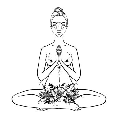 Güzel bir kadın silueti lotus çiçek ve etnik sanat pozuyla oturuyor. Kız gücü. Meditasyon, yoga, kundalini, tantra, ayurveda, aura ve çakralar. Vektör çizim.