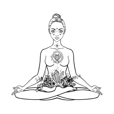 Güzel bir kadın silueti lotus çiçek ve etnik sanat pozuyla oturuyor. Kız gücü. Meditasyon, yoga, kundalini, tantra, ayurveda, aura ve çakralar. Vektör çizim.