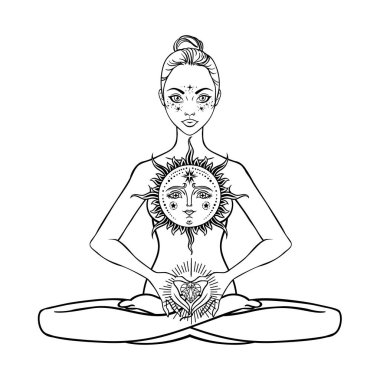 Güzel bir kadın silueti lotus çiçek ve etnik sanat pozuyla oturuyor. Kız gücü. Meditasyon, yoga, kundalini, tantra, ayurveda, aura ve çakralar. Vektör çizim.