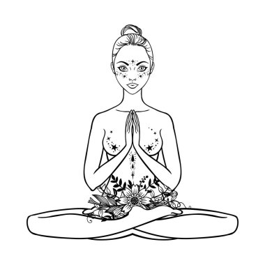 Güzel bir kadın silueti lotus çiçek ve etnik sanat pozuyla oturuyor. Kız gücü. Meditasyon, yoga, kundalini, tantra, ayurveda, aura ve çakralar. Vektör çizim.