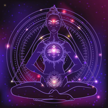 Güzel bir kadın silueti lotus çiçek ve etnik sanat pozuyla oturuyor. Kız gücü. Meditasyon, yoga, kundalini, tantra, ayurveda, aura ve çakralar. Vektör çizim.