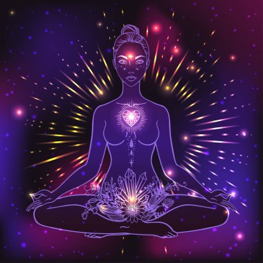 Güzel bir kadın silueti lotus çiçek ve etnik sanat pozuyla oturuyor. Kız gücü. Meditasyon, yoga, kundalini, tantra, ayurveda, aura ve çakralar. Vektör çizim.