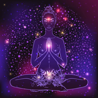 Güzel bir kadın silueti lotus çiçek ve etnik sanat pozuyla oturuyor. Kız gücü. Meditasyon, yoga, kundalini, tantra, ayurveda, aura ve çakralar. Vektör çizim.
