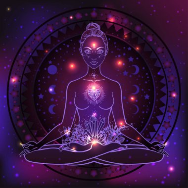 Güzel bir kadın silueti lotus çiçek ve etnik sanat pozuyla oturuyor. Kız gücü. Meditasyon, yoga, kundalini, tantra, ayurveda, aura ve çakralar. Vektör çizim.