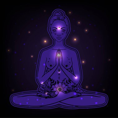 Güzel bir kadın silueti lotus çiçek ve etnik sanat pozuyla oturuyor. Kız gücü. Meditasyon, yoga, kundalini, tantra, ayurveda, aura ve çakralar. Vektör çizim.