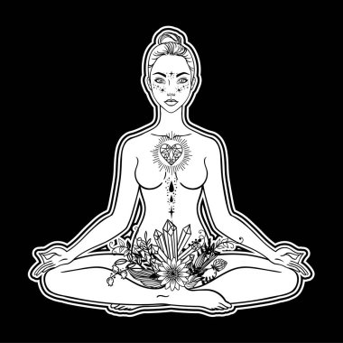 Güzel bir kadın silueti lotus çiçek ve etnik sanat pozuyla oturuyor. Kız gücü. Meditasyon, yoga, kundalini, tantra, ayurveda, aura ve çakralar. Vektör çizim.