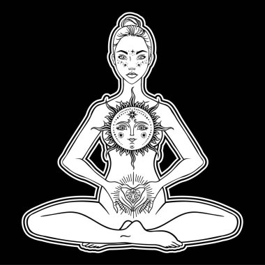 Güzel bir kadın silueti lotus çiçek ve etnik sanat pozuyla oturuyor. Kız gücü. Meditasyon, yoga, kundalini, tantra, ayurveda, aura ve çakralar. Vektör çizim.