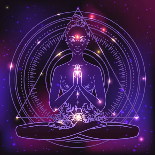 Güzel bir kadın silueti lotus çiçek ve etnik sanat pozuyla oturuyor. Kız gücü. Meditasyon, yoga, kundalini, tantra, ayurveda, aura ve çakralar. Vektör çizim.