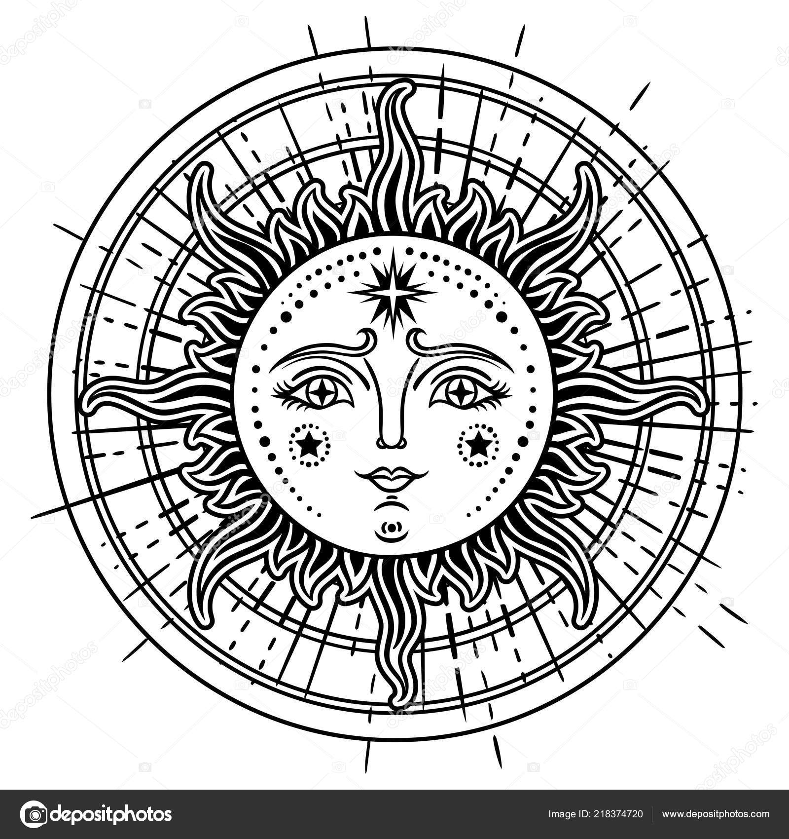 Tarot sun sketch. Boho tarot sun element with moon and stars pendants.  Vector illustration 23231768 Vector Art at Vecteezy