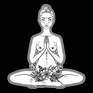 Güzel bir kadın silueti lotus çiçek ve etnik sanat pozuyla oturuyor. Kız gücü. Meditasyon, yoga, kundalini, tantra, ayurveda, aura ve çakralar. Vektör çizim.