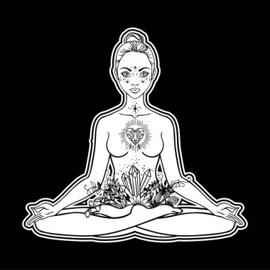 Güzel bir kadın silueti lotus çiçek ve etnik sanat pozuyla oturuyor. Kız gücü. Meditasyon, yoga, kundalini, tantra, ayurveda, aura ve çakralar. Vektör çizim.