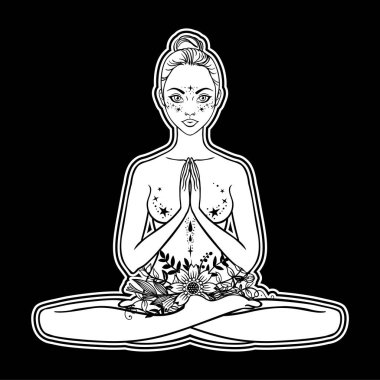 Güzel bir kadın silueti lotus çiçek ve etnik sanat pozuyla oturuyor. Kız gücü. Meditasyon, yoga, kundalini, tantra, ayurveda, aura ve çakralar. Vektör çizim.