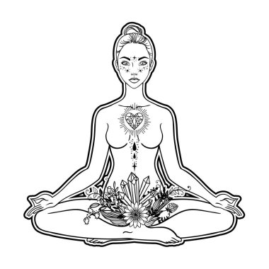 Güzel bir kadın silueti lotus çiçek ve etnik sanat pozuyla oturuyor. Kız gücü. Meditasyon, yoga, kundalini, tantra, ayurveda, aura ve çakralar. Vektör çizim.