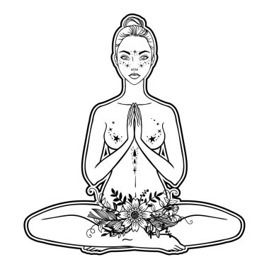 Güzel bir kadın silueti lotus çiçek ve etnik sanat pozuyla oturuyor. Kız gücü. Meditasyon, yoga, kundalini, tantra, ayurveda, aura ve çakralar. Vektör çizim.
