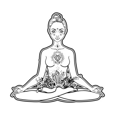 Güzel bir kadın silueti lotus çiçek ve etnik sanat pozuyla oturuyor. Kız gücü. Meditasyon, yoga, kundalini, tantra, ayurveda, aura ve çakralar. Vektör çizim.