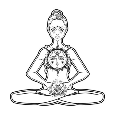 Güzel bir kadın silueti lotus çiçek ve etnik sanat pozuyla oturuyor. Kız gücü. Meditasyon, yoga, kundalini, tantra, ayurveda, aura ve çakralar. Vektör çizim.