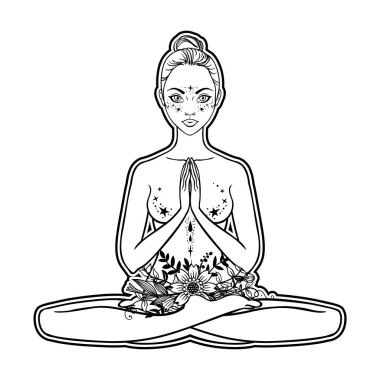 Güzel bir kadın silueti lotus çiçek ve etnik sanat pozuyla oturuyor. Kız gücü. Meditasyon, yoga, kundalini, tantra, ayurveda, aura ve çakralar. Vektör çizim.