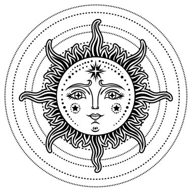 Vintage el güneş-ay çekilmiş. Güneş, Güneş dövmeler, vintage grafik Retro illüstrasyon yüzü. Vektör çizim.