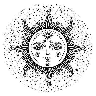 Vintage el güneş-ay çekilmiş. Güneş, Güneş dövmeler, vintage grafik Retro illüstrasyon yüzü. Vektör çizim.