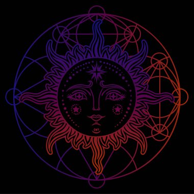 Vintage el güneş-ay çekilmiş. Güneş, Güneş dövmeler, vintage grafik Retro illüstrasyon yüzü. Vektör çizim.