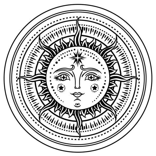 Vintage Dibujado Mano Sun Moon Cara Ilustración Retro Del Sol — Vector de stock