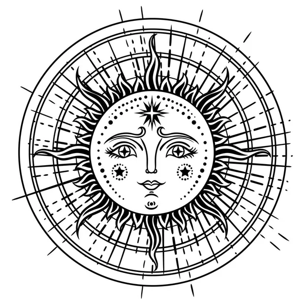 Vintage Mão Desenhada Sun Moon Ilustração Retrô Rosto Sol Tatuagens —  Vetores de Stock