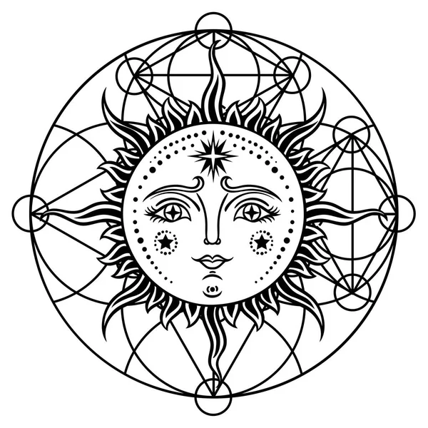 Vintage Dibujado Mano Sun Moon Cara Ilustración Retro Del Sol — Archivo Imágenes Vectoriales