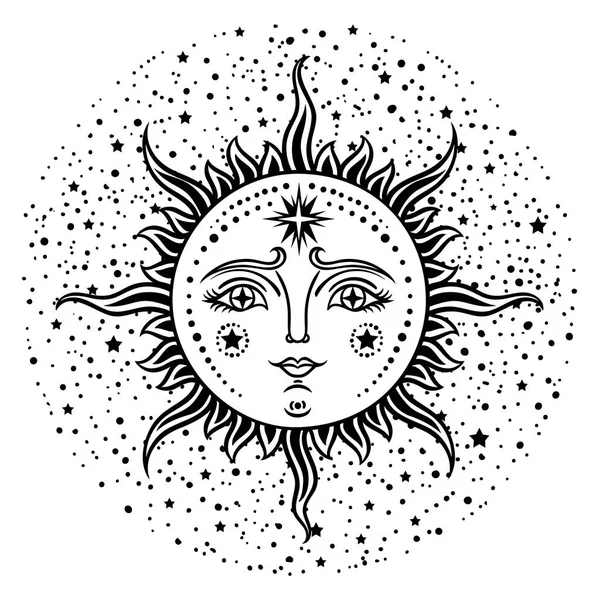 Vintage Dibujado Mano Sun Moon Cara Ilustración Retro Del Sol — Vector de stock