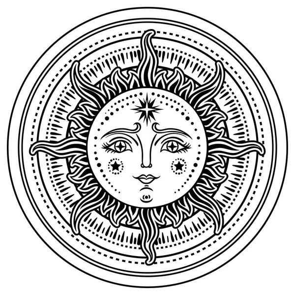 ビンテージの手には 月が描かれました 太陽の入れ墨 ビンテージ グラフィックのレトロなイラストの顔 ベクトル図 — ストックベクタ