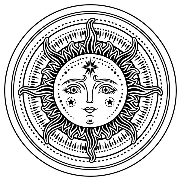 Vintage Dibujado Mano Sun Moon Cara Ilustración Retro Del Sol — Archivo Imágenes Vectoriales