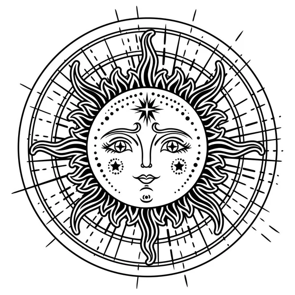 Vintage Mão Desenhada Sun Moon Ilustração Retrô Rosto Sol Tatuagens —  Vetores de Stock