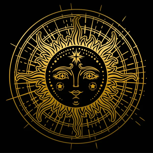 ビンテージの手には 月が描かれました 太陽の入れ墨 ビンテージ グラフィックのレトロなイラストの顔 ベクトル図 — ストックベクタ