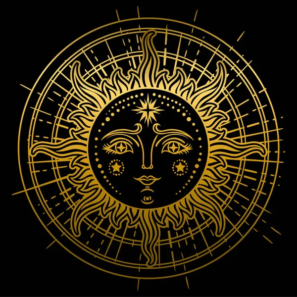 Vintage Dessiné Main Sun Moon Illustration Rétro Visage Soleil Tatouages — Image vectorielle