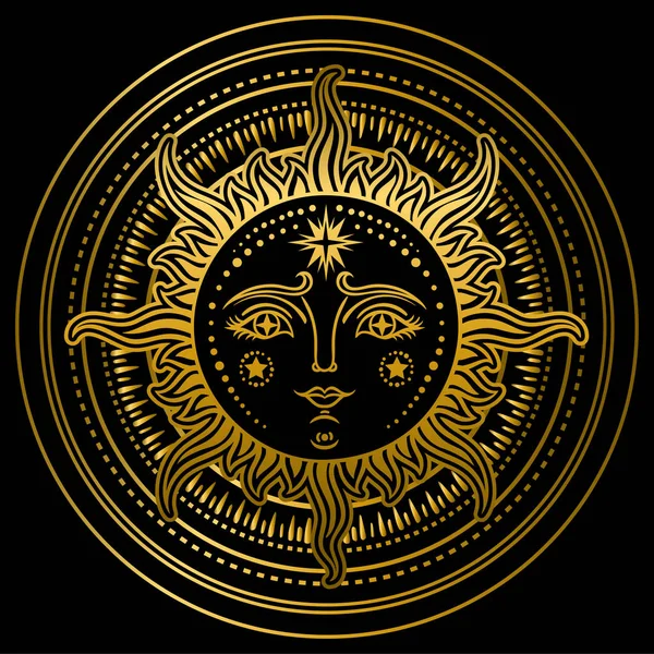 Vintage Dessiné Main Sun Moon Illustration Rétro Visage Soleil Tatouages — Image vectorielle