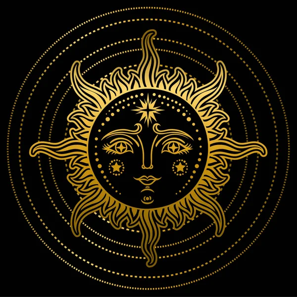 Vintage Mão Desenhada Sun Moon Ilustração Retrô Rosto Sol Tatuagens — Vetor de Stock