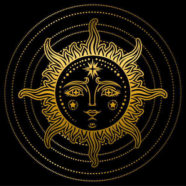 Vintage hand drawn Sun-Moon. Retro illustration face of the sun, sun tattoos, vintage graphics. Vector  illustration.