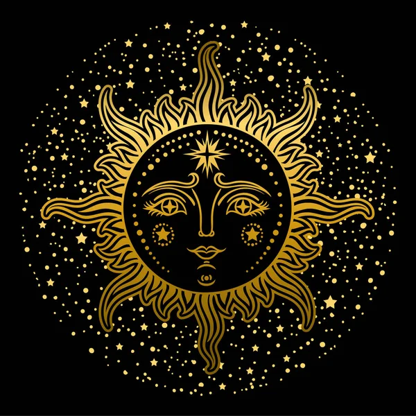 Vintage Mão Desenhada Sun Moon Ilustração Retrô Rosto Sol Tatuagens — Vetor de Stock