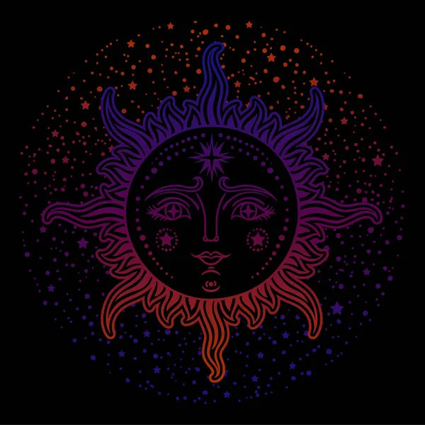 Jahrgang Handgezeichnet Sonne Mond Retro Illustration Gesicht Der Sonne Sonne — Stockvektor