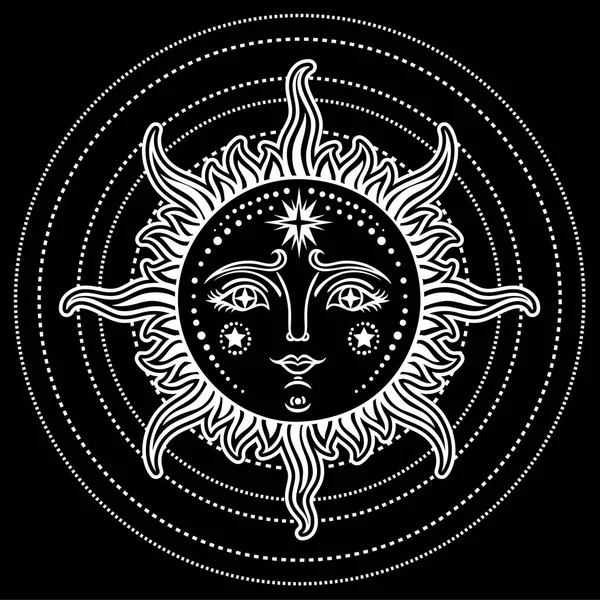 Vintage Dessiné Main Sun Moon Illustration Rétro Visage Soleil Tatouages — Image vectorielle