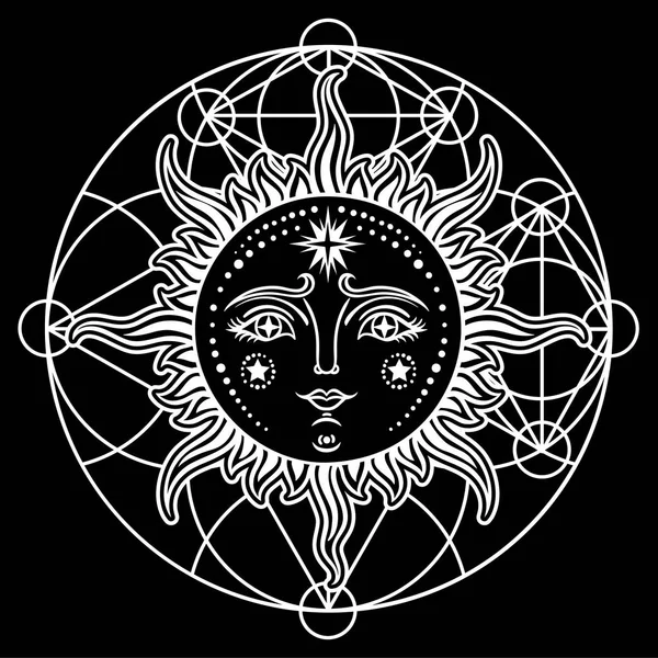 Vintage Dessiné Main Sun Moon Illustration Rétro Visage Soleil Tatouages — Image vectorielle