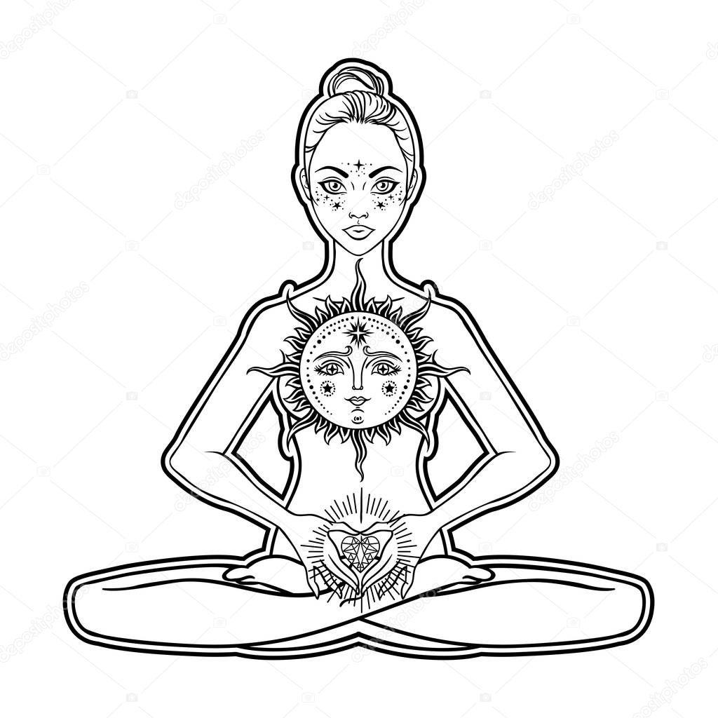 Beautiful woman silhouette sitting in lotus pose with flowers and ethnic art. Power of girls. Meditation, yoga, kundalini, tantra, ayurveda, aura and chakras. Vector illustration.