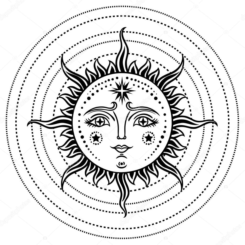 Vintage hand drawn Sun-Moon. Retro illustration face of the sun, sun tattoos, vintage graphics. Vector  illustration.