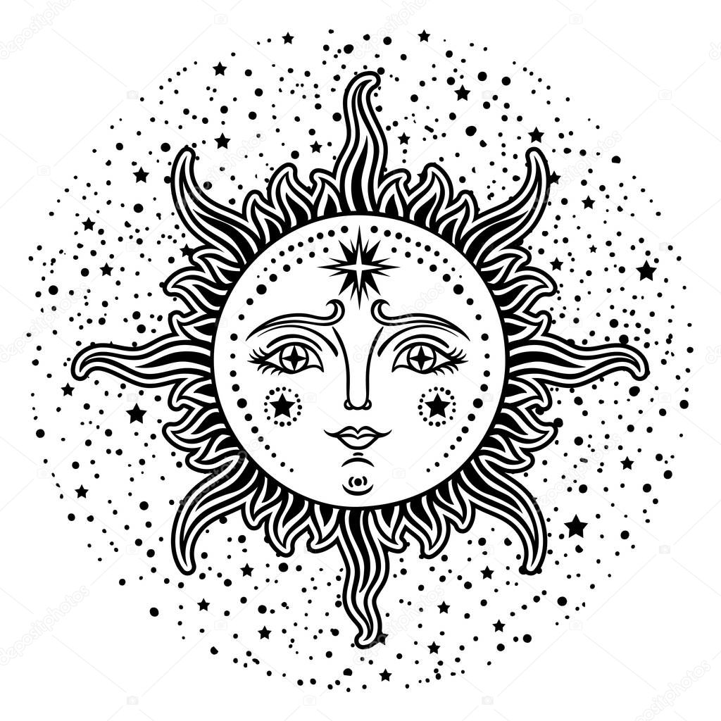 Vintage hand drawn Sun-Moon. Retro illustration face of the sun, sun tattoos, vintage graphics. Vector  illustration.