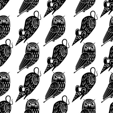 Noel sevimli baykuşlar ve fare ile seamless modeli. Vektör çizim. Retro vintage renk şık grafik tasarım. Kış Masalı Fındıkkıran ve fare kral hakkında.