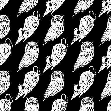 Noel sevimli baykuşlar ve fare ile seamless modeli. Vektör çizim. Retro vintage renk şık grafik tasarım. Kış Masalı Fındıkkıran ve fare kral hakkında.