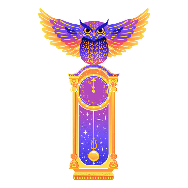 Owl and the old big clock. Christmas cartoon illustration from Nutcracker's story. Cute cartoon animal character from winter tale. Vector illustration.