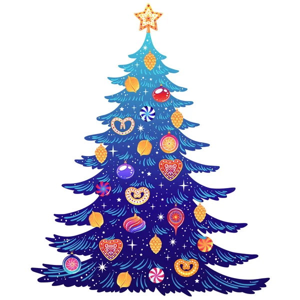 Arbre Noël Avec Belle Décoration Illustration Vectorielle Conte Hiver — Image vectorielle